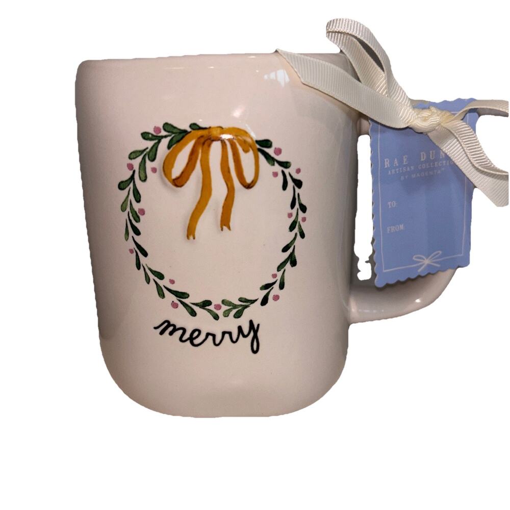 Rae Dunn Merry Wreath Holly Bow Christmas Coffee Tea Pink Mug New